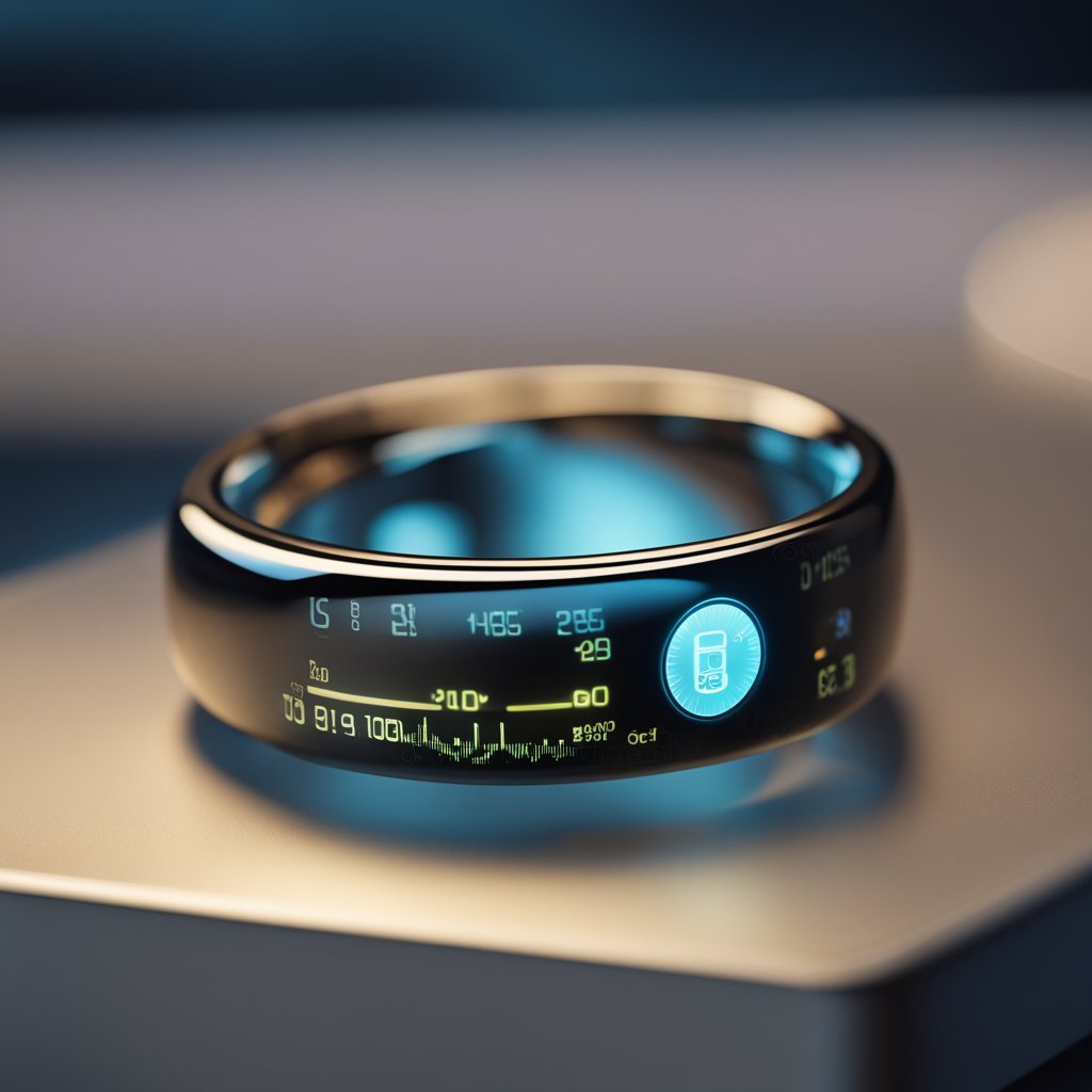 A sleep tracking ring rests on a bedside table, glowing softly with data displayed on its surface