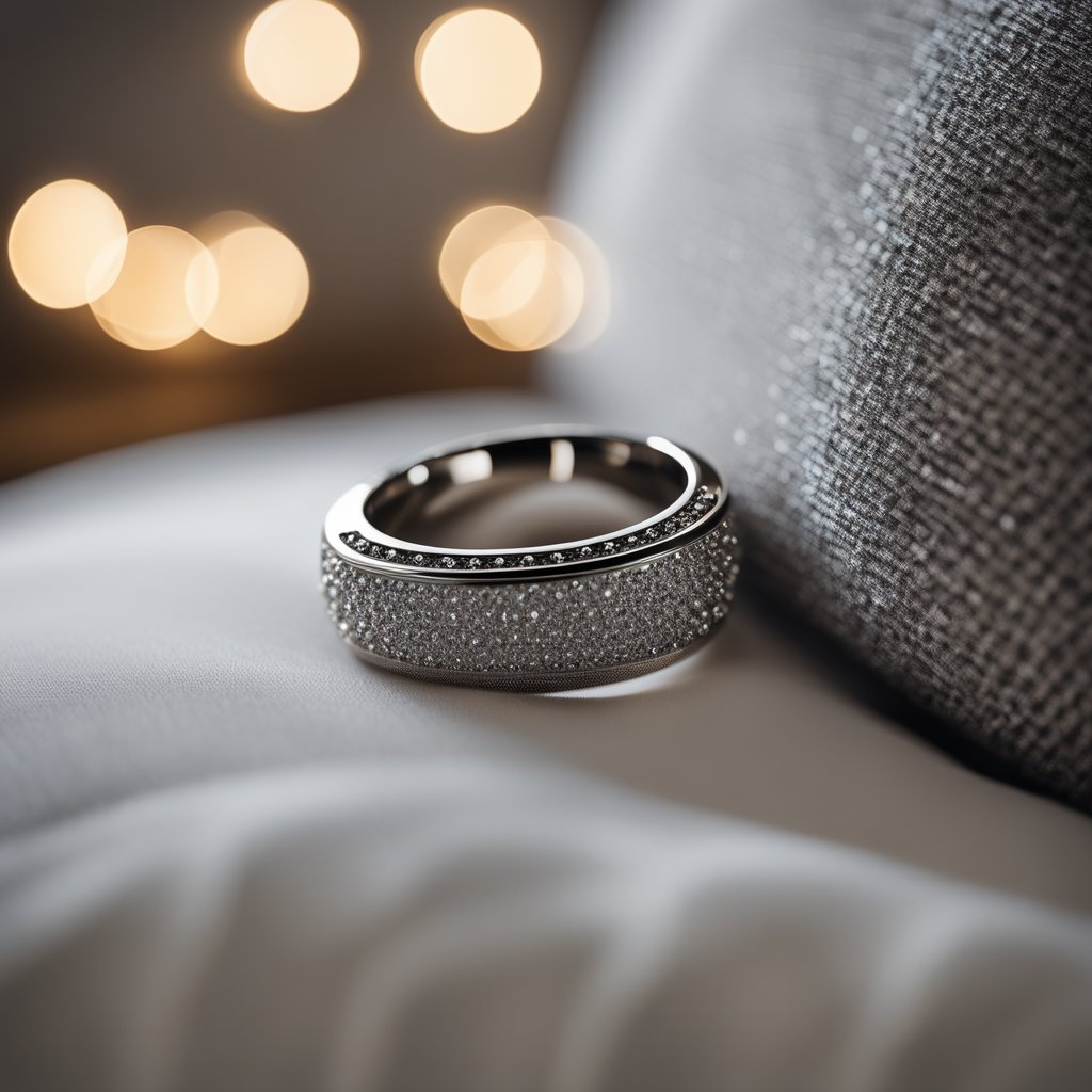 A sleek, modern sleep tracking ring resting on a soft, plush pillow, surrounded by calming, minimalist decor