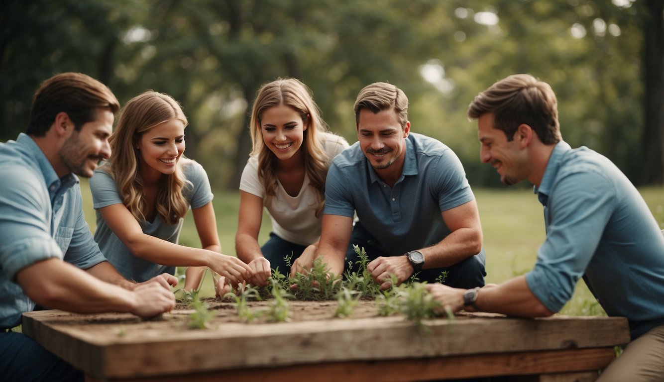 A group of people engage in team building activities outdoors, such as problem-solving challenges and trust-building exercises