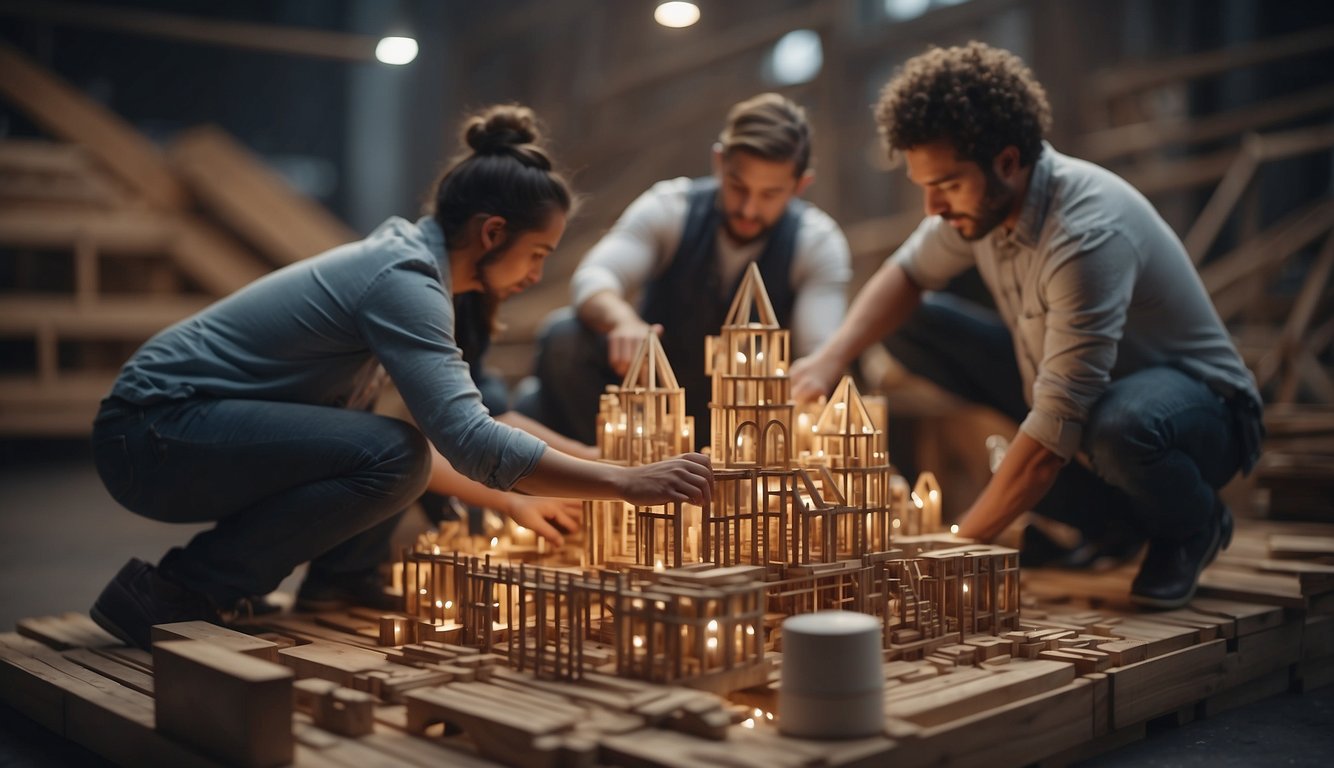 A group of individuals working together to build a structure using various craft materials