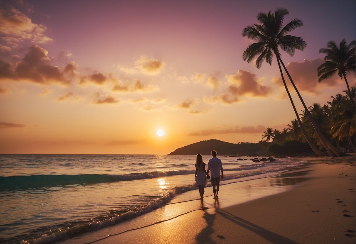 A romantic sunset over a beach with a couple strolling hand in hand, a heart-shaped island in the distance, and a colorful sky