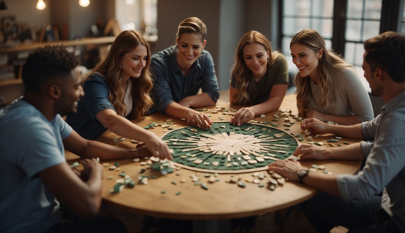 A group of people sit in a circle, working together on a team building craft project. Materials like paper, glue, and scissors are scattered around them