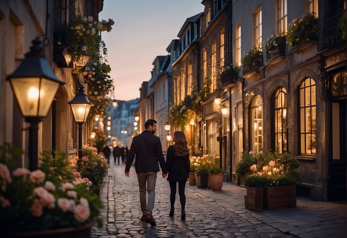 A couple strolling along a cobblestone street, passing charming cafes and flower-filled balconies against a backdrop of historic architecture and twinkling city lights