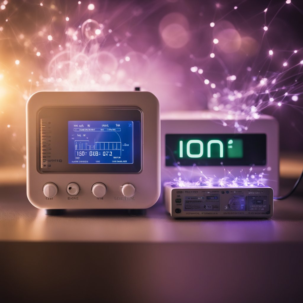 An ionizer releasing negatively charged ions into the air, neutralizing positive ions and reducing airborne pollutants