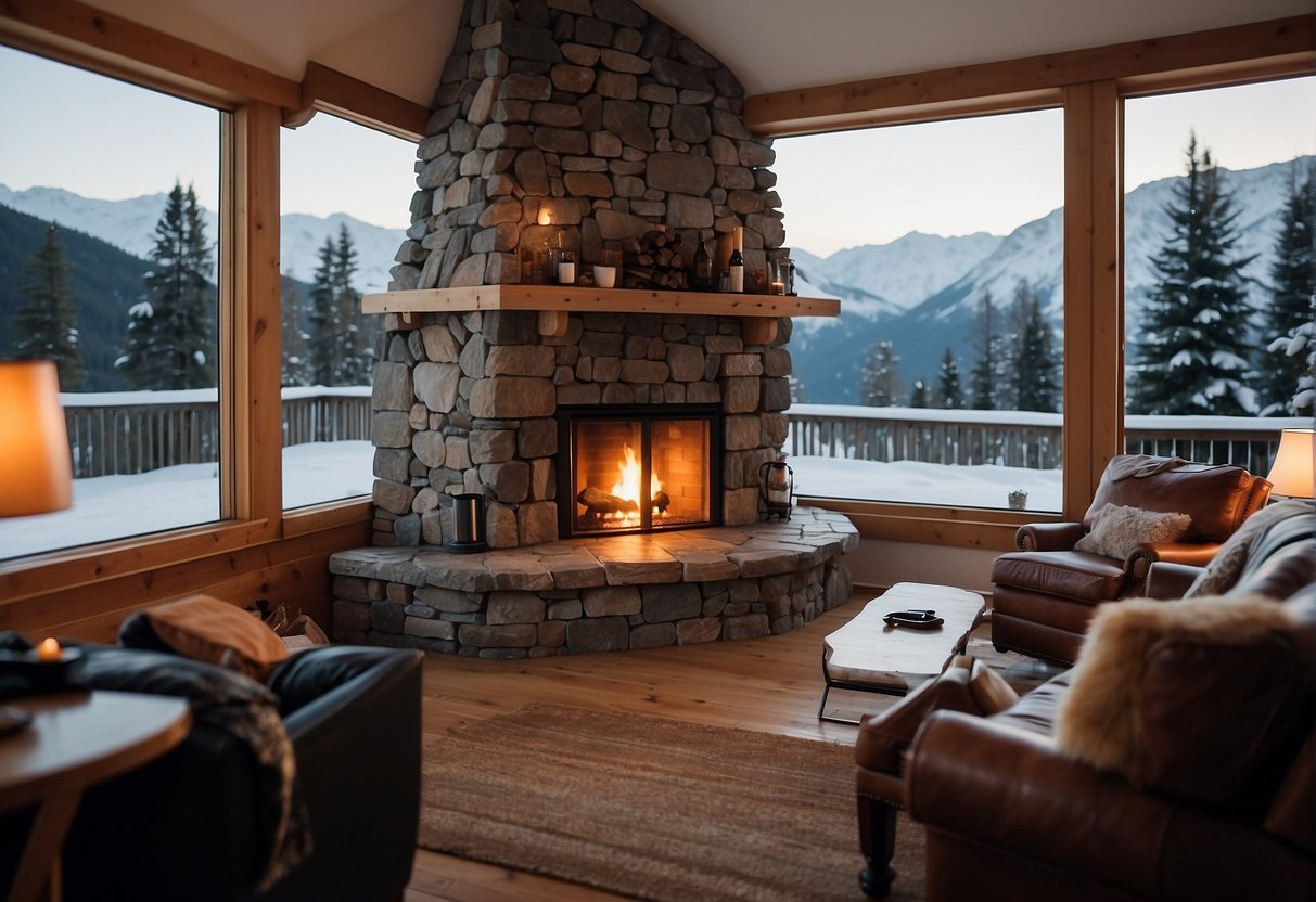 A snow-covered mountain cabin with a warm, glowing fireplace and a view of the serene, snowy landscape