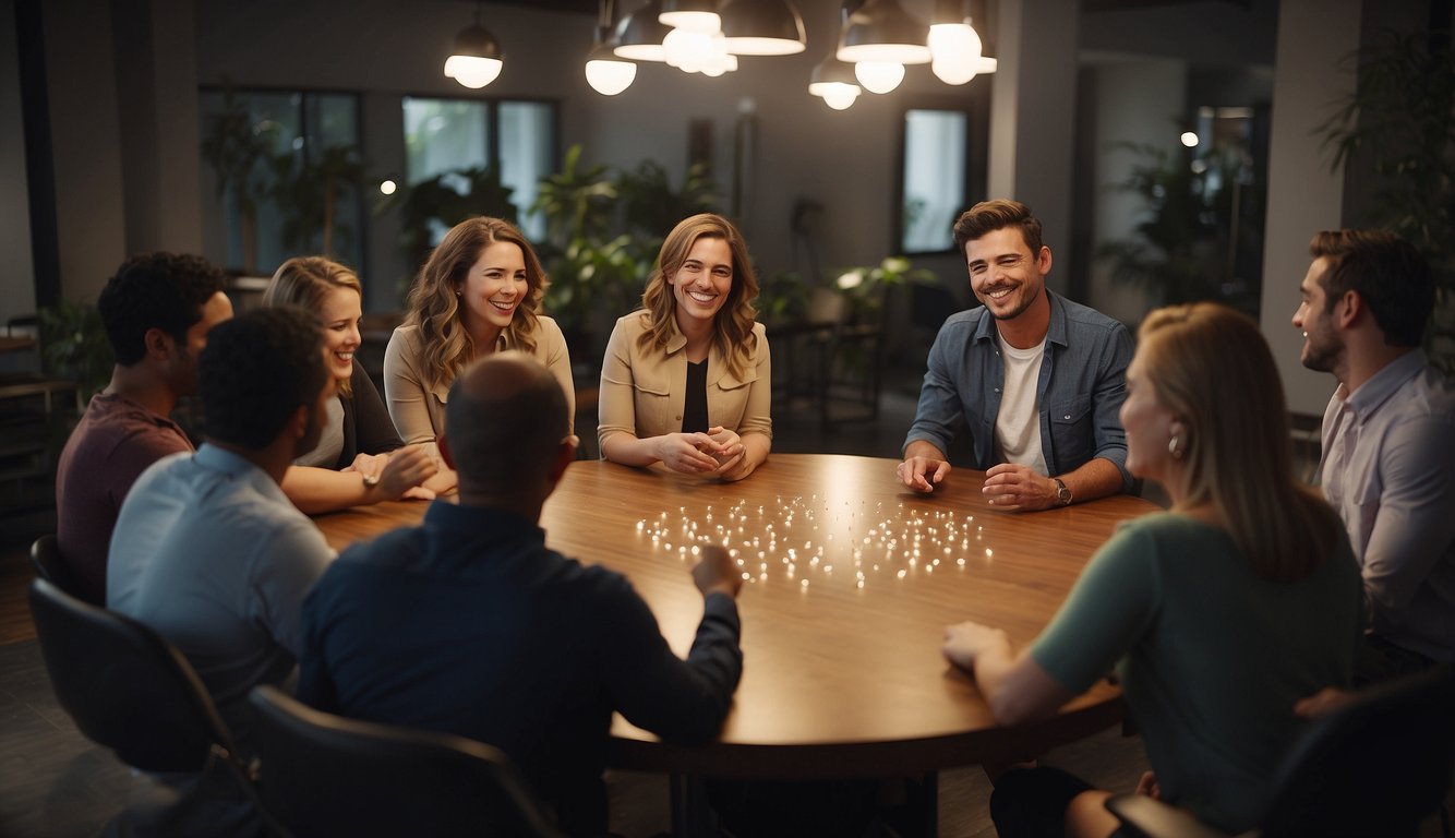 Coworkers sit in a circle, creating a collaborative craft project. Laughter and conversation fill the room as they work together, building trust and camaraderie