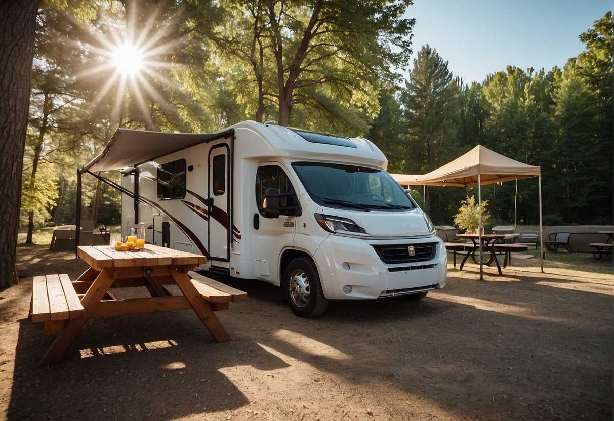 A motorhome parked in a scenic campground, with a picnic table and chairs set up outside. A grill and cooler are nearby, and a canopy provides shade