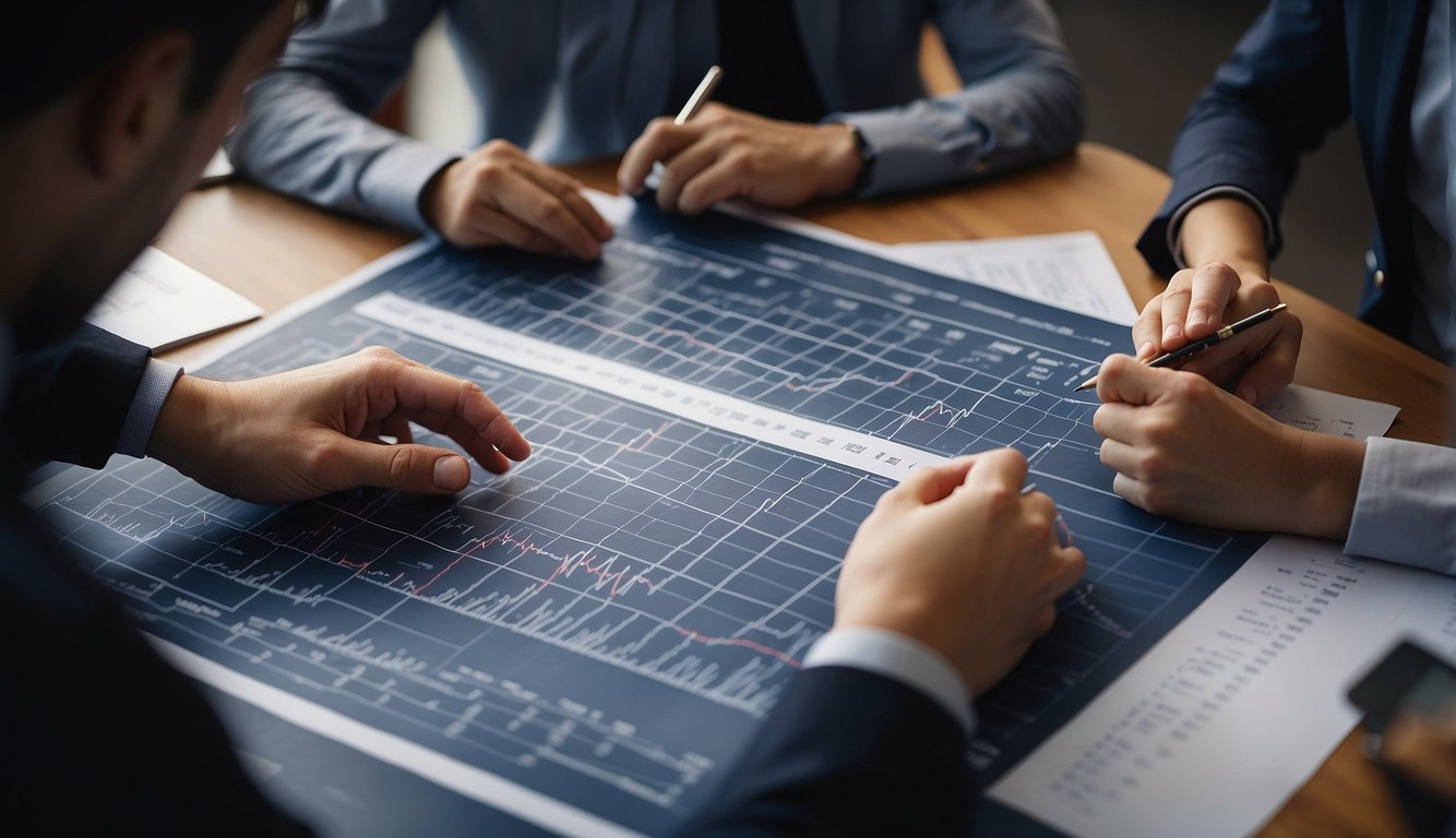 A group of people working together on a collaborative project, using charts and graphs to measure success and maximize impact