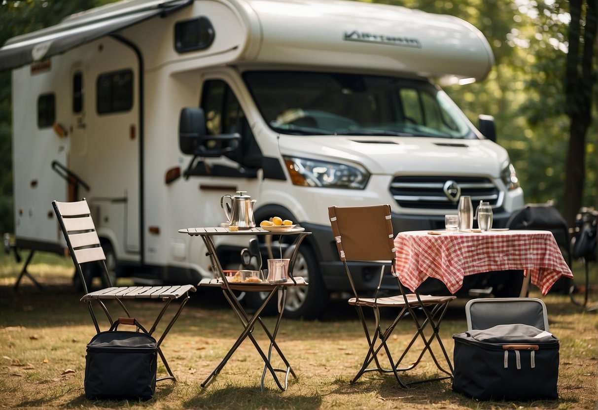 A motorhome parked in a serene natural setting, with essential items such as a camping table, chairs, and a portable grill set up outside