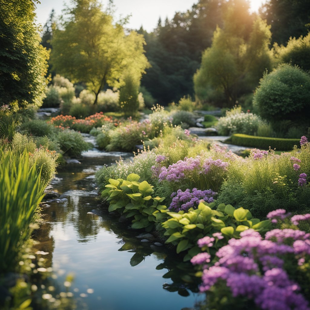 A serene garden with colorful flowers, a peaceful stream, and a gentle breeze