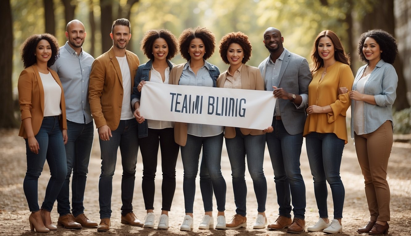 A group of diverse people standing in a circle, holding hands and smiling, with a banner in the background that reads "Team Building Themes."