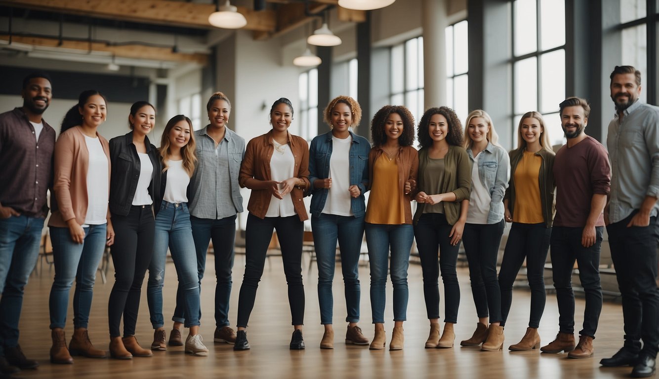 A group of diverse individuals stand in a circle, engaged in a team building activity. They are smiling and communicating with each other, showing cooperation and unity