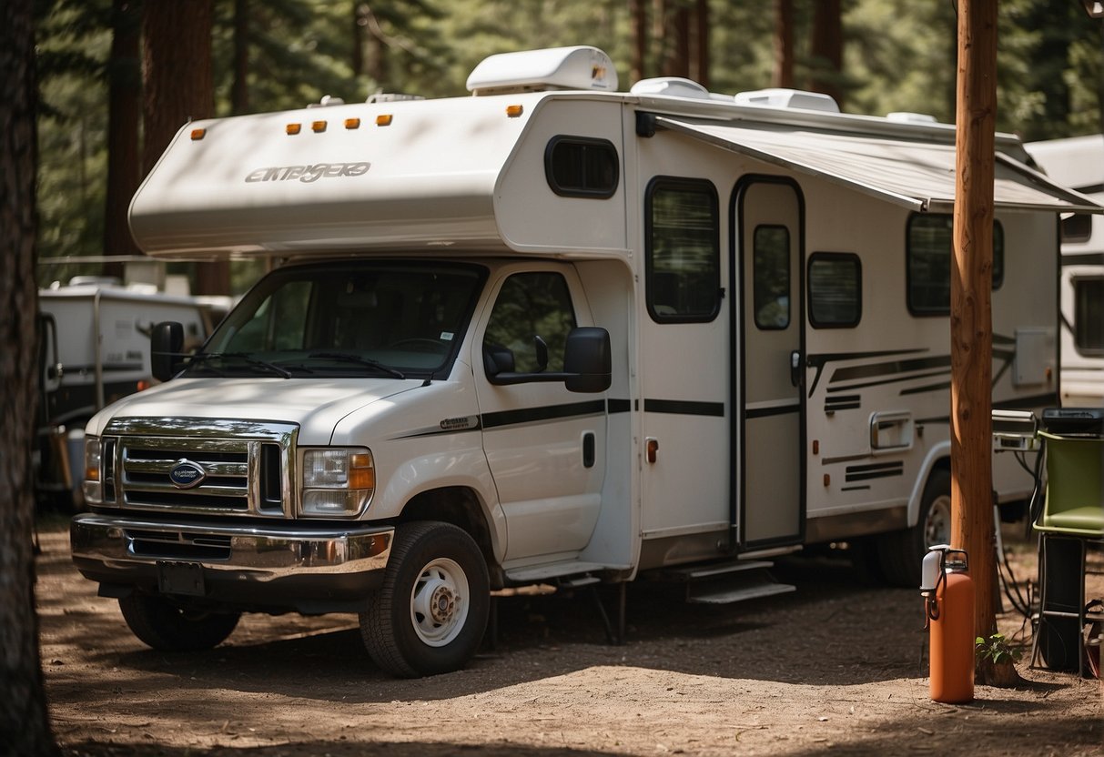 A motorhome sits in a campsite with a power cable plugged into a utility post. A water hose is connected to the vehicle, and a propane tank is nearby. Inside, a refrigerator, stove, and microwave are visible