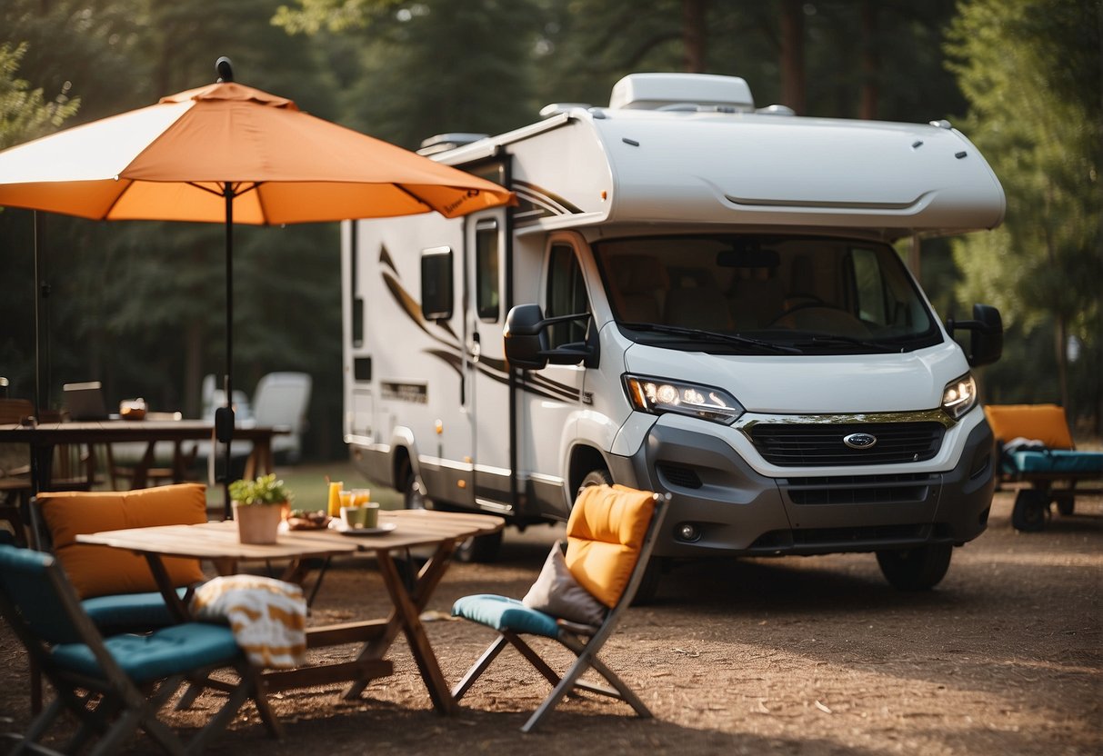 A motorhome parked in a tranquil campground, with a cozy outdoor setup including chairs, a table, a grill, and a colorful awning for shade