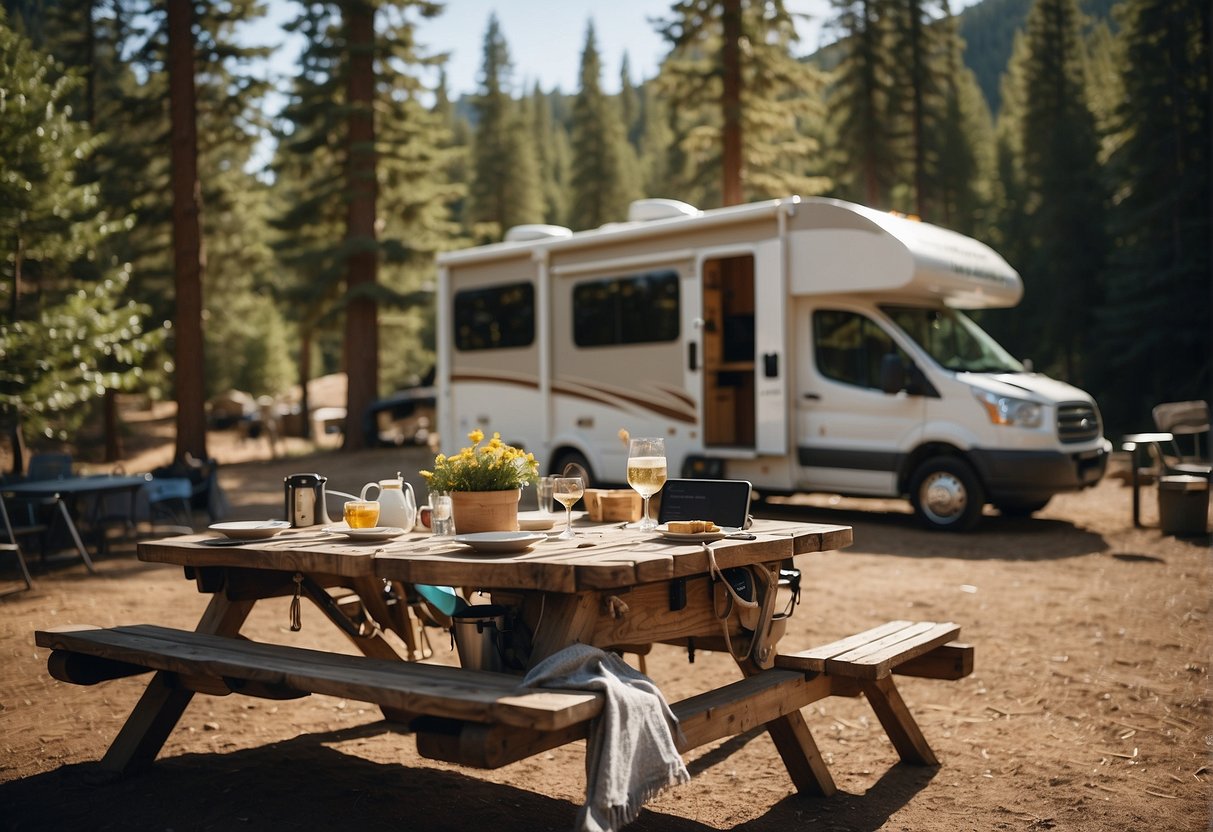 A motorhome parked in a scenic campground, with a map, GPS, and camping gear laid out on a picnic table
