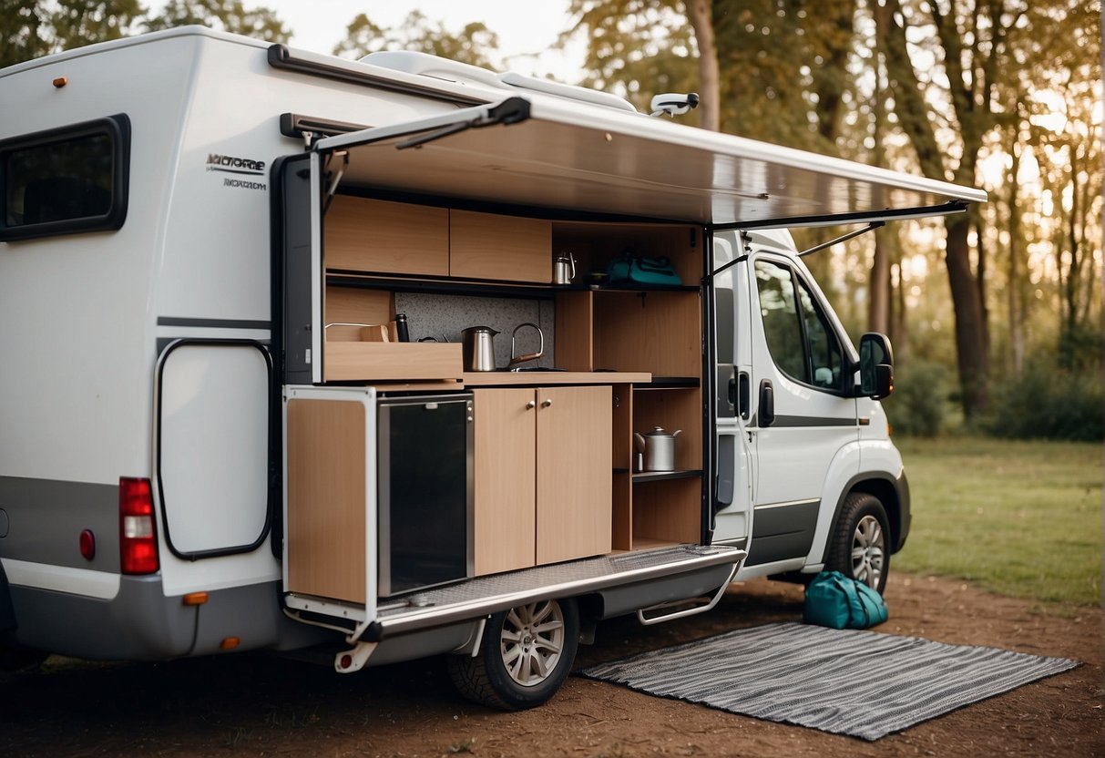 A motorhome is parked with a rear-mounted storage box. The box is open, revealing various camping and outdoor equipment neatly organized inside