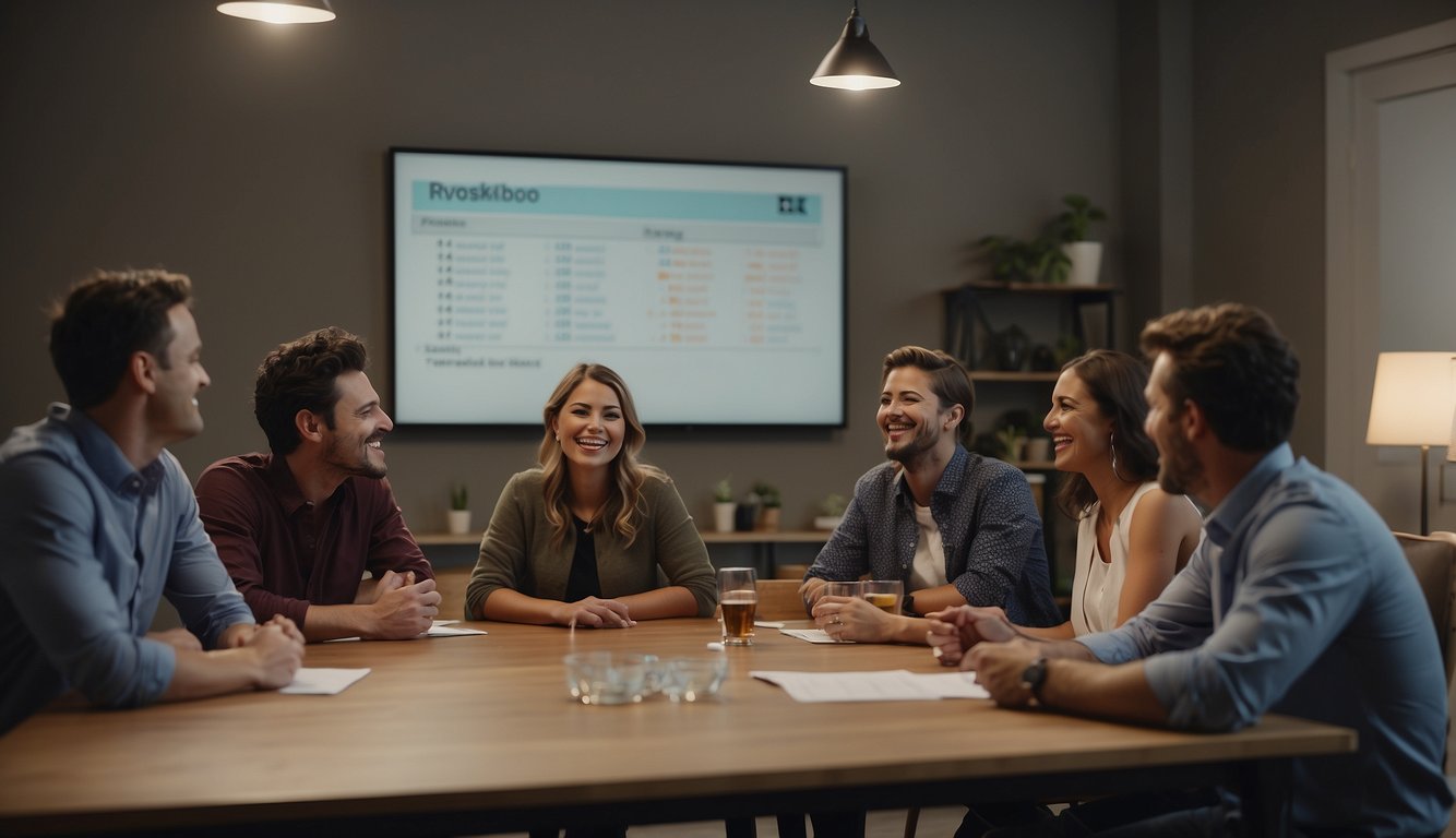 A group of people gather around a table, answering trivia questions and laughing together. A whiteboard displays the categories and scores, while a timer ticks down in the background