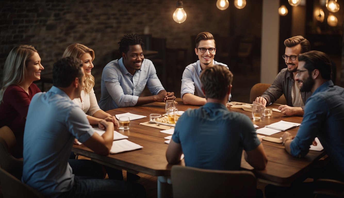 A group of coworkers gather around a table, discussing and brainstorming trivia topics and content for team building activities