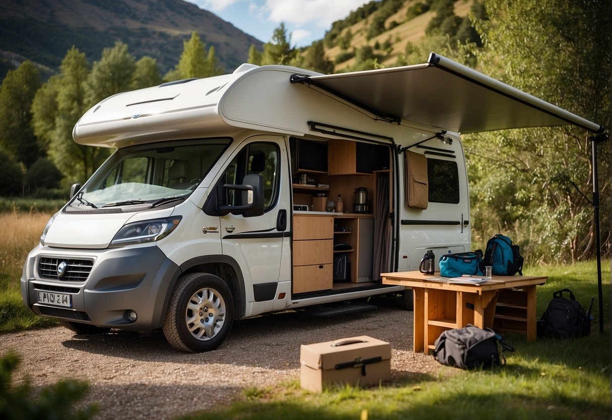 A motorhome parked in a scenic location, with a rear-mounted storage box open and filled with travel gear. The surrounding landscape is lush and inviting, with hints of adventure and exploration