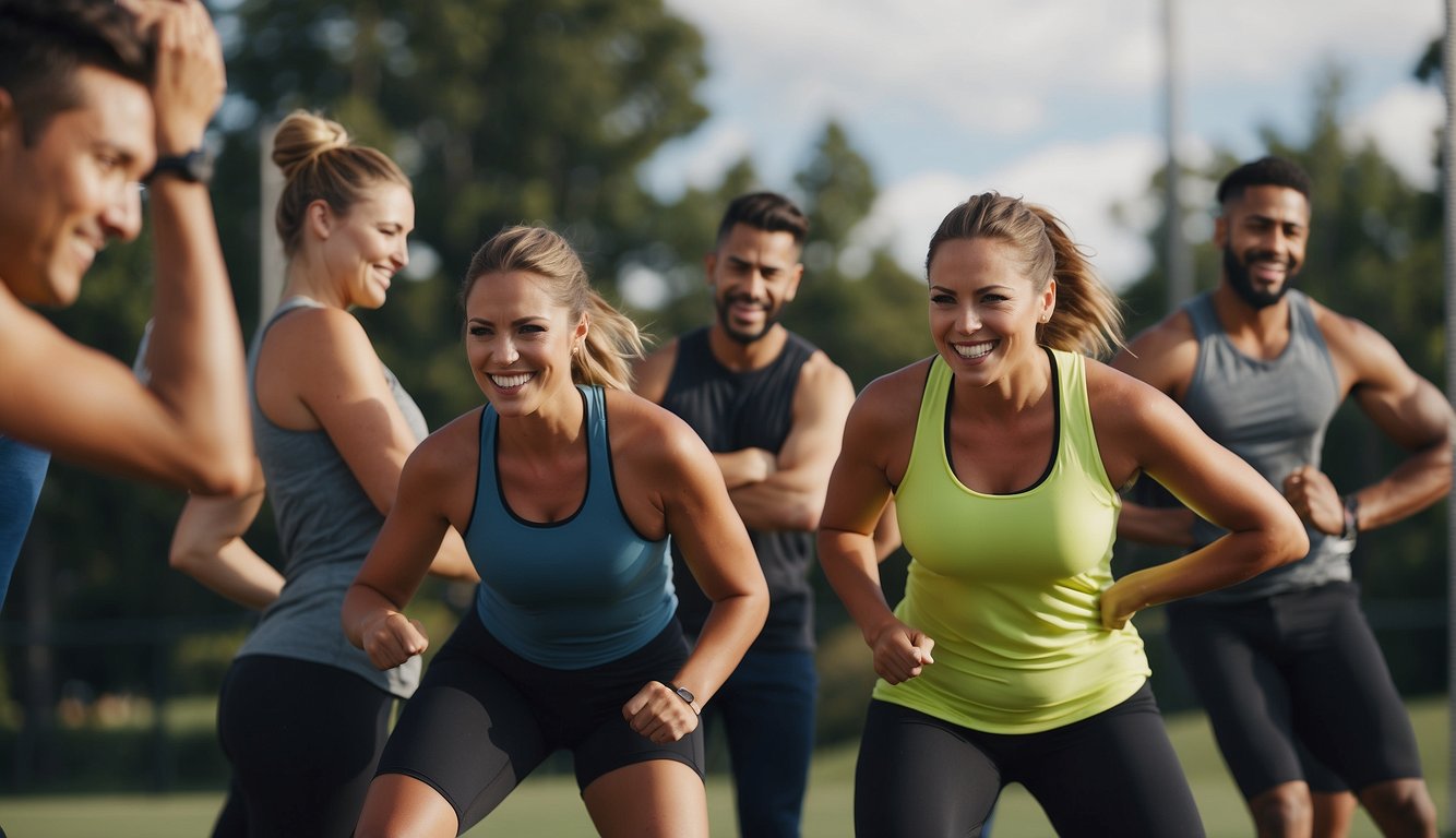 A group of individuals engage in team building workouts, collaborating and supporting each other in physical activities