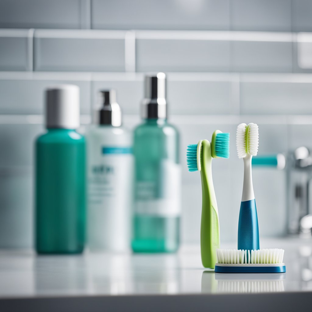 A toothbrush with soft bristles and a small head, designed to clean around braces, sits on a bathroom countertop next to a tube of fluoride toothpaste