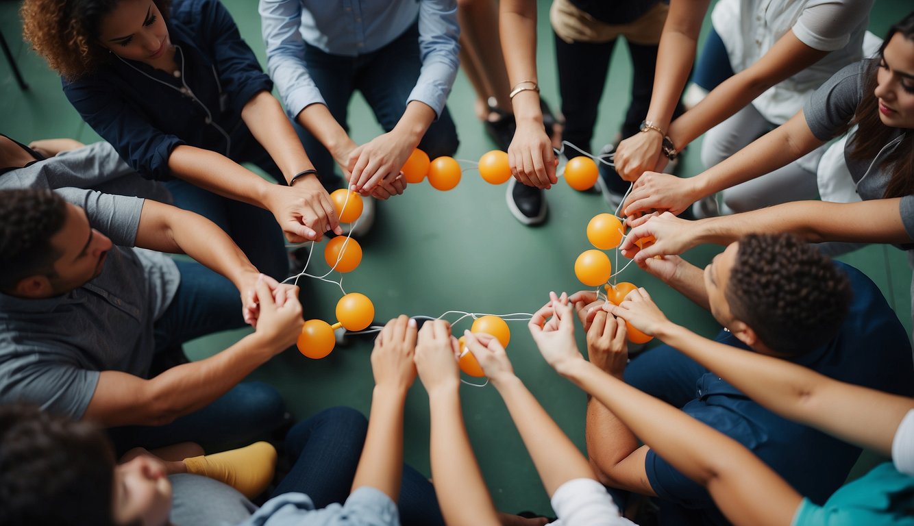 Team members in a circle, engaged in a group activity, with equipment like cones, ropes, or balls. Encouraging and supportive atmosphere