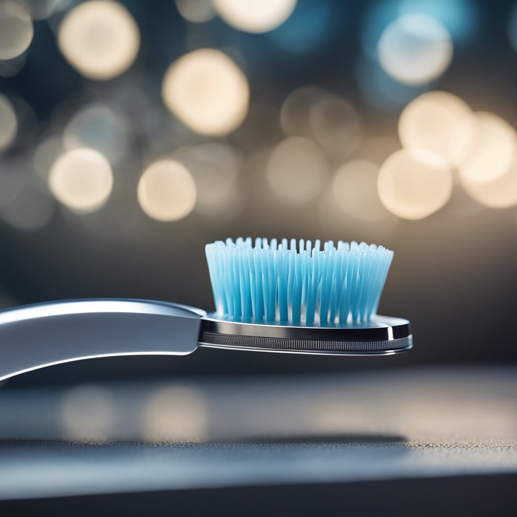 A toothbrush with soft bristles and a small head gently cleans around metal brackets and wires on braces