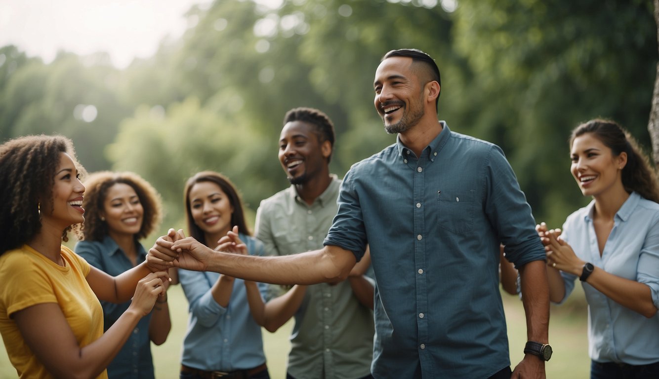 A group of people engage in team building exercises, such as trust falls and problem-solving activities, to build camaraderie and improve communication