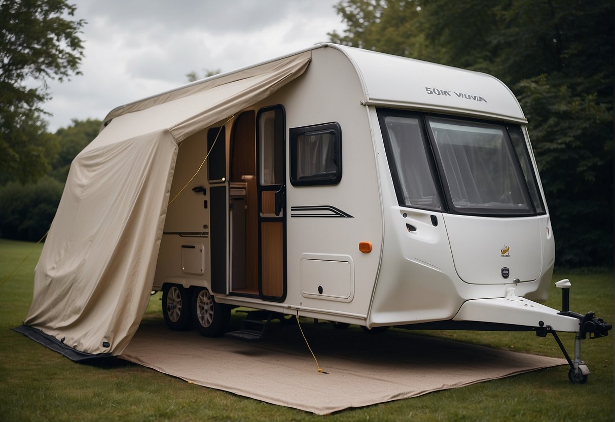 A caravan sits covered in a durable, weatherproof material, protecting it from the elements. The cover is securely fastened, with reinforced seams and adjustable straps