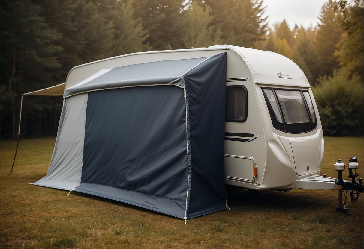 A caravan cover snugly encases a caravan, protecting it from the elements. The cover features durable fabric, secure straps, and reinforced stitching