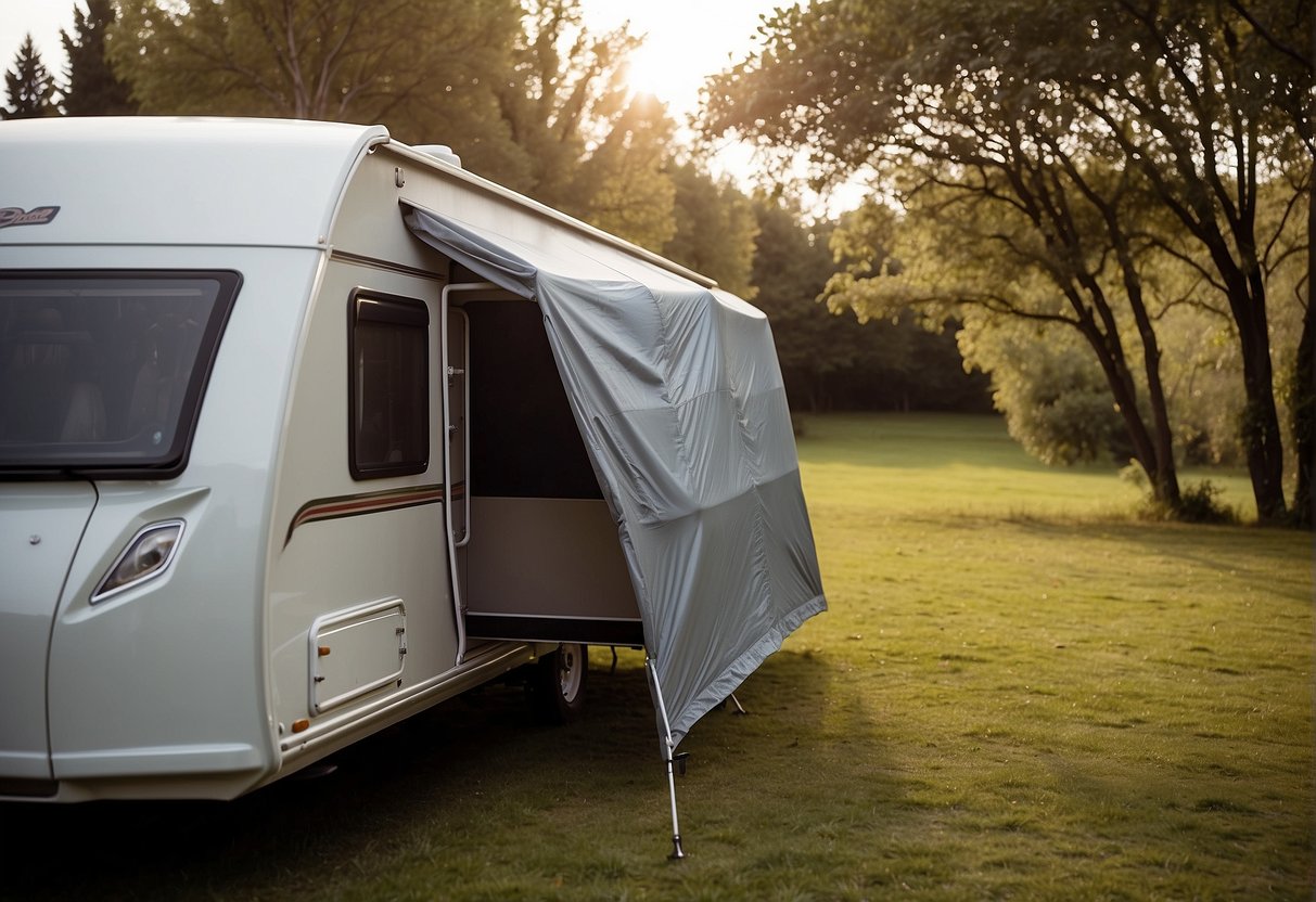 A caravan cover snugly fits a large caravan, with secure straps and a tailored shape for maximum protection