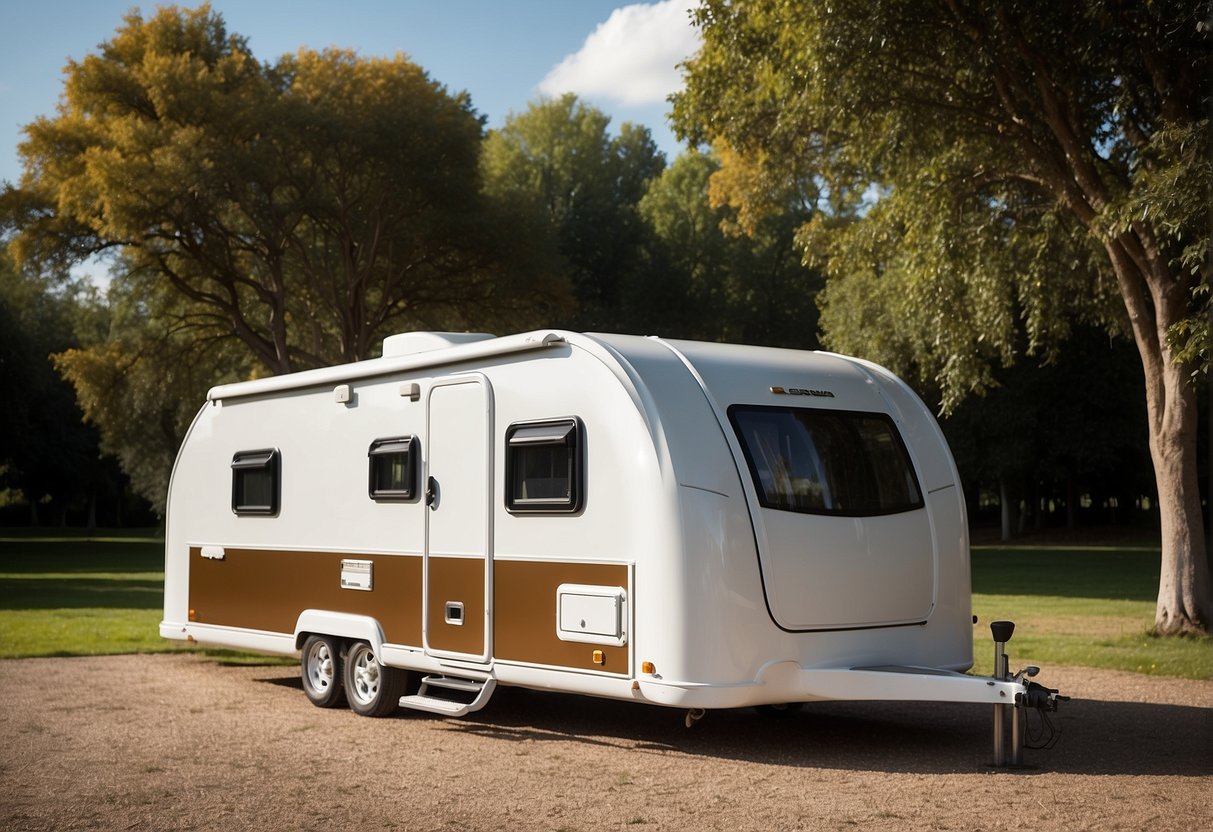 A caravan cover securely wraps around a sleek, modern caravan, featuring reinforced corners and convenient access panels for doors and storage compartments