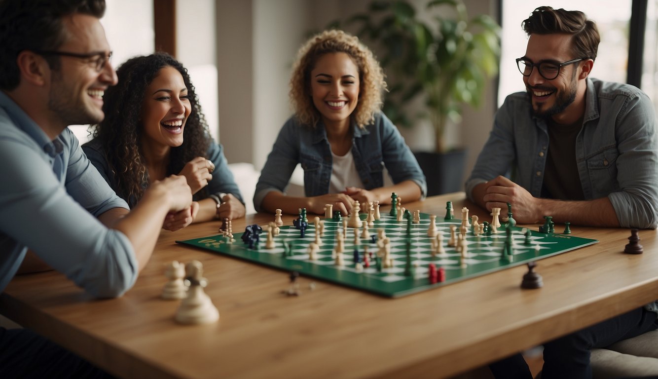 A group of people gather around a table, engaged in team building board games, laughing and strategizing together