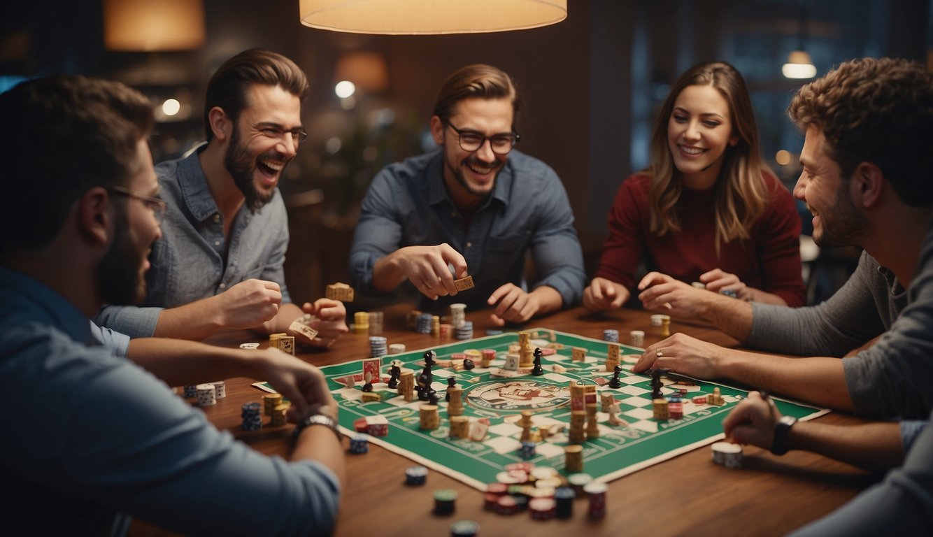 Team members playing board games together, laughing and strategizing. A table is filled with game pieces and cards. The atmosphere is lively and collaborative