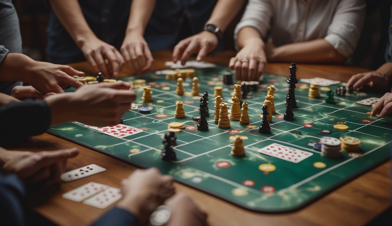 A group of people gathered around a table, engaged in a lively game of team building board games, with cards and game pieces scattered across the surface