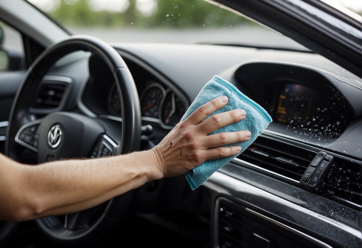 Mold is being wiped off car window seals with a cleaning solution and a cloth, leaving the seals clean and mold-free