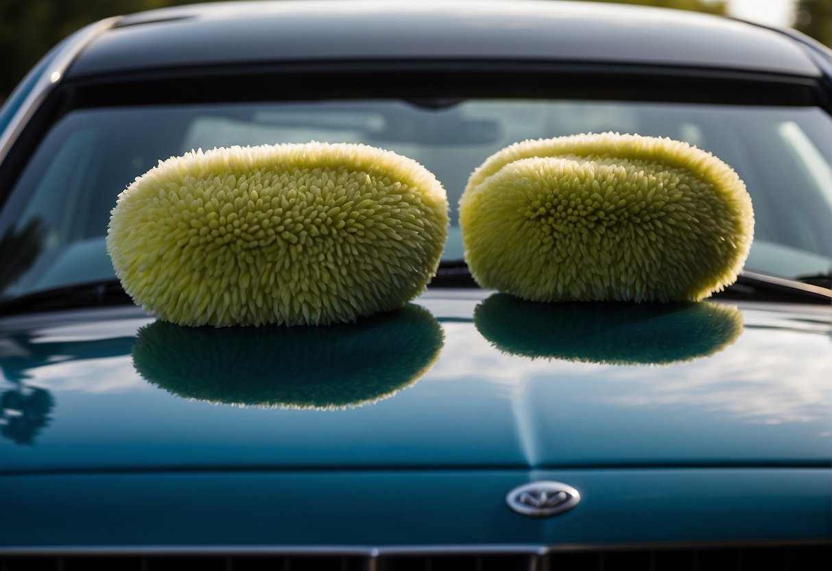 Two car wash mitts, one made of microfiber and the other of sheepskin, sit side by side on a clean, shiny car hood