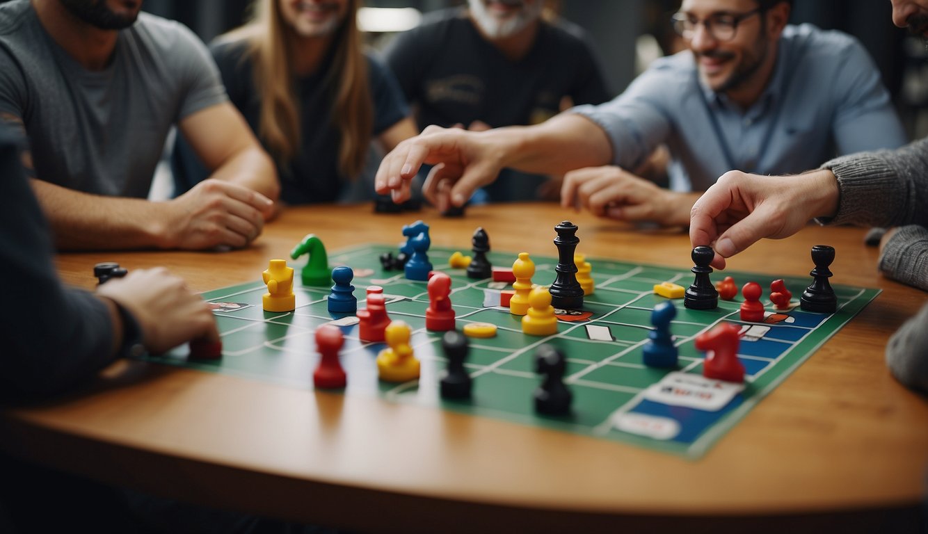 Players engage in lively discussion, strategizing over colorful game pieces on a table. Laughter and friendly competition fill the room