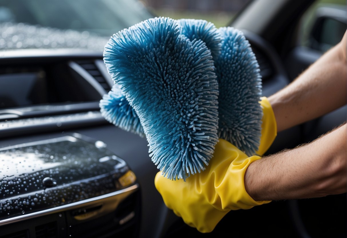 A hand holding a microfiber car wash mitt next to a sheepskin car wash mitt. Both mitts are displayed against a backdrop of water droplets, soap suds, and a shiny car surface