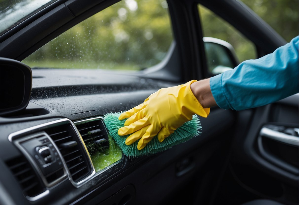 A hand holding a scrub brush, cleaning mold from a car window seal. A spray bottle and cleaning solution sit nearby