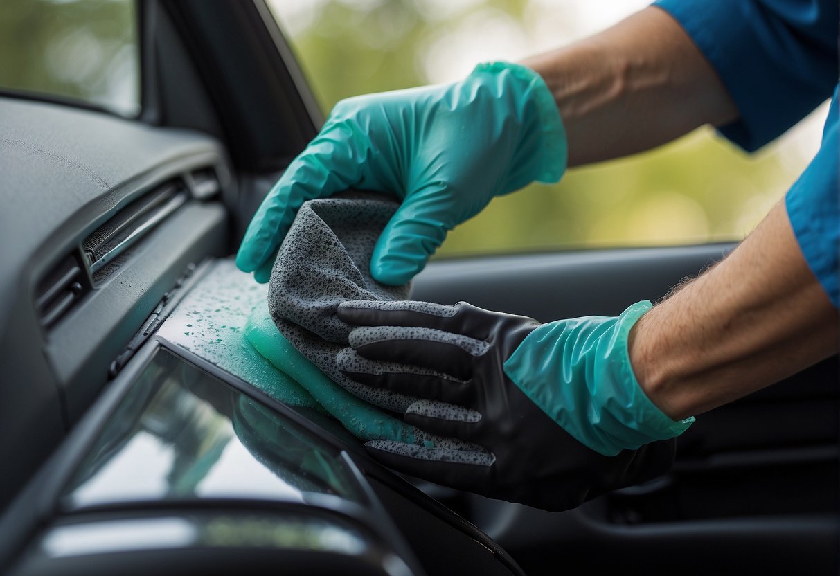 A hand wearing gloves uses a sponge to apply mold remover to car window seals, scrubbing vigorously to prevent future mold growth