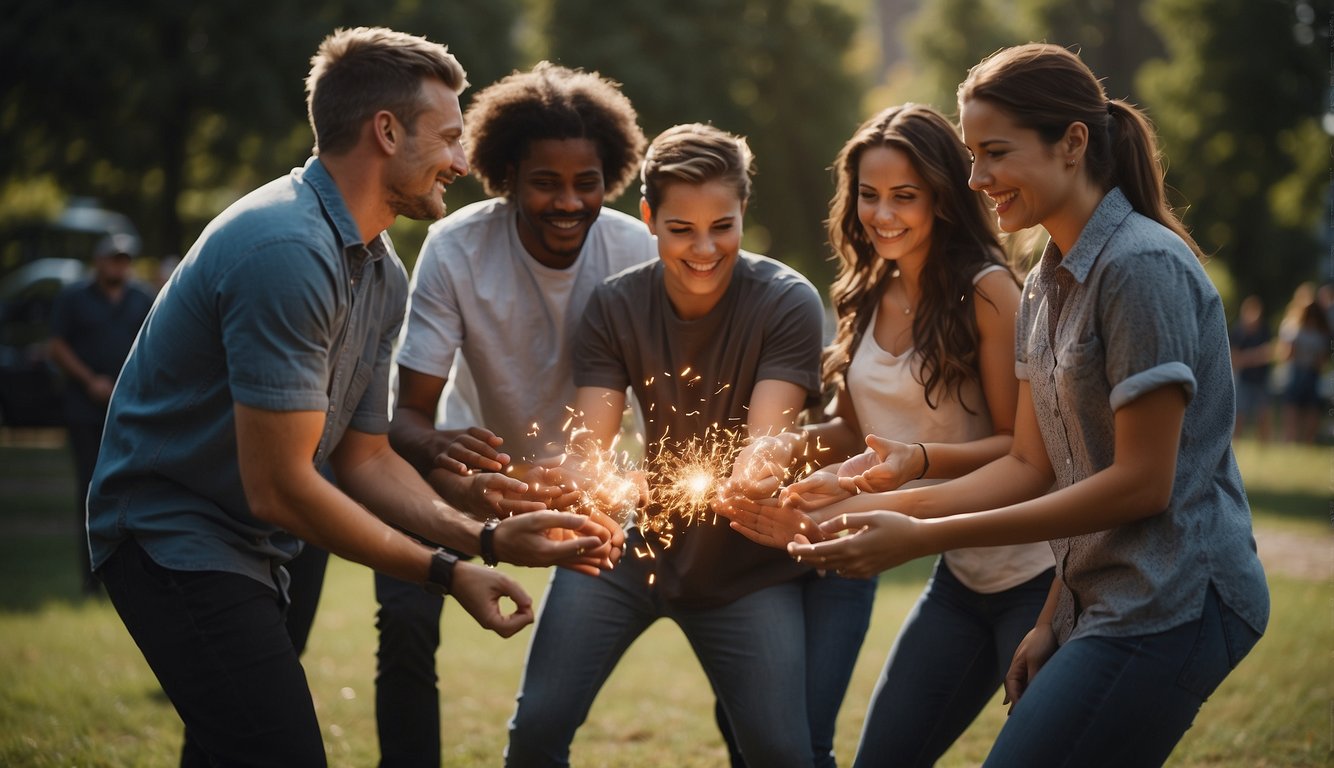 A group of people engage in team building games outdoors. They work together to solve challenges and build camaraderie