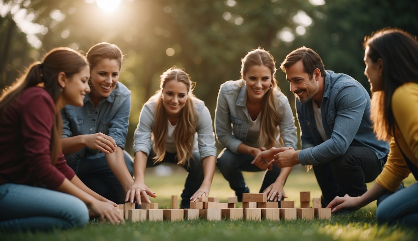 A group of people engage in team building games outdoors. They work together to solve challenges and build camaraderie