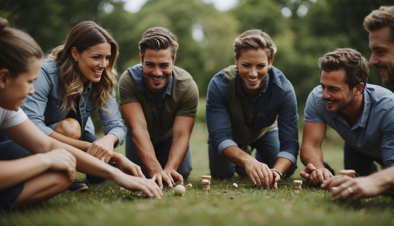 A group of people engage in team-building games outdoors. They participate in activities that promote teamwork and collaboration