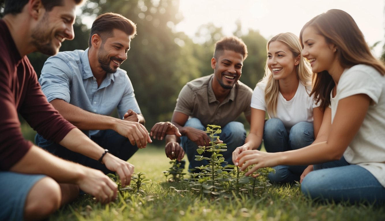 A group of people engage in team building games outdoors, focusing on integrating educational and developmental goals