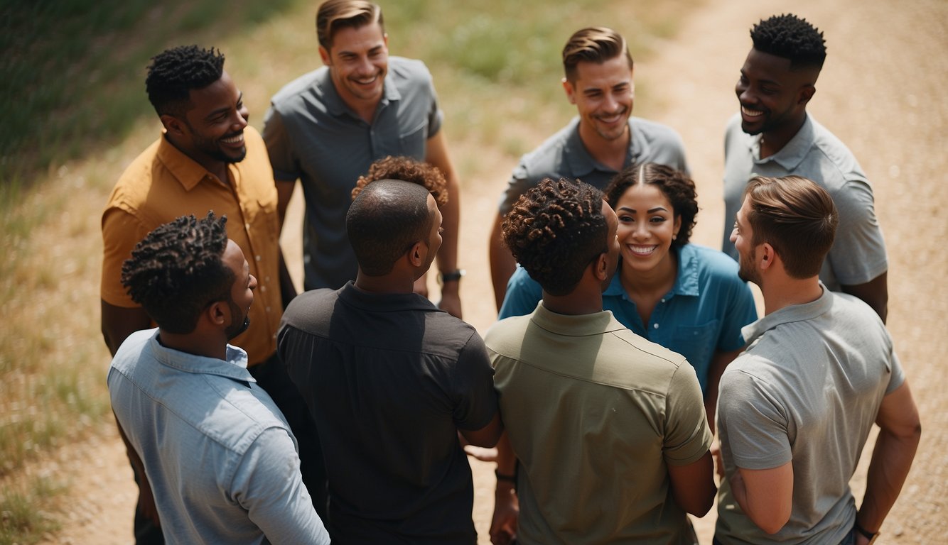 A diverse group of people stand in a circle, engaged in a team-building activity. They are smiling and interacting with each other, showing cooperation and unity