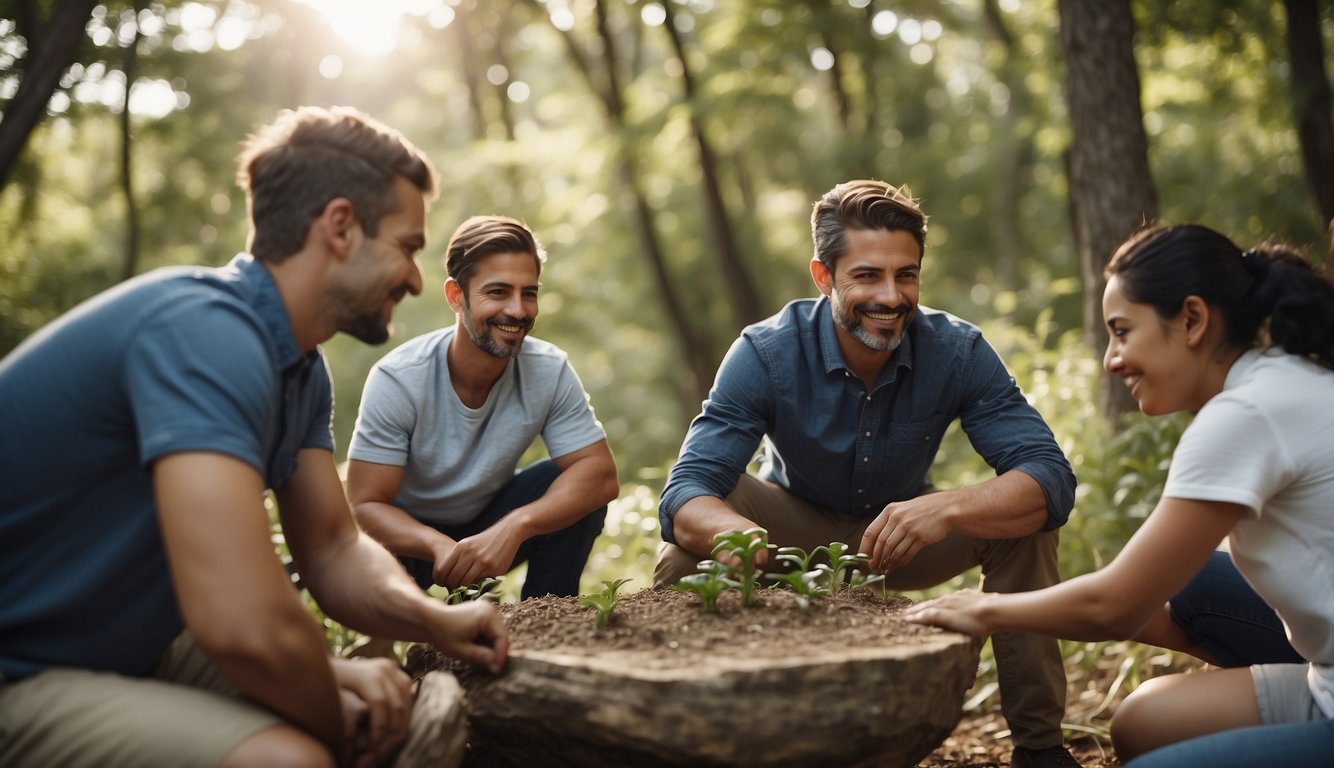 A group of diverse individuals engage in team-building activities in a natural outdoor setting, working together to solve challenges and build camaraderie