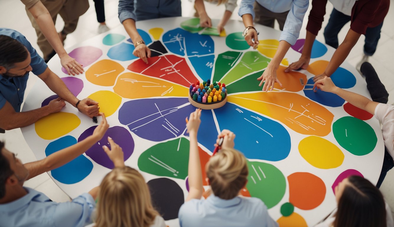 A group of people standing in a circle, each holding a marker and contributing to a large, colorful drawing on a whiteboard