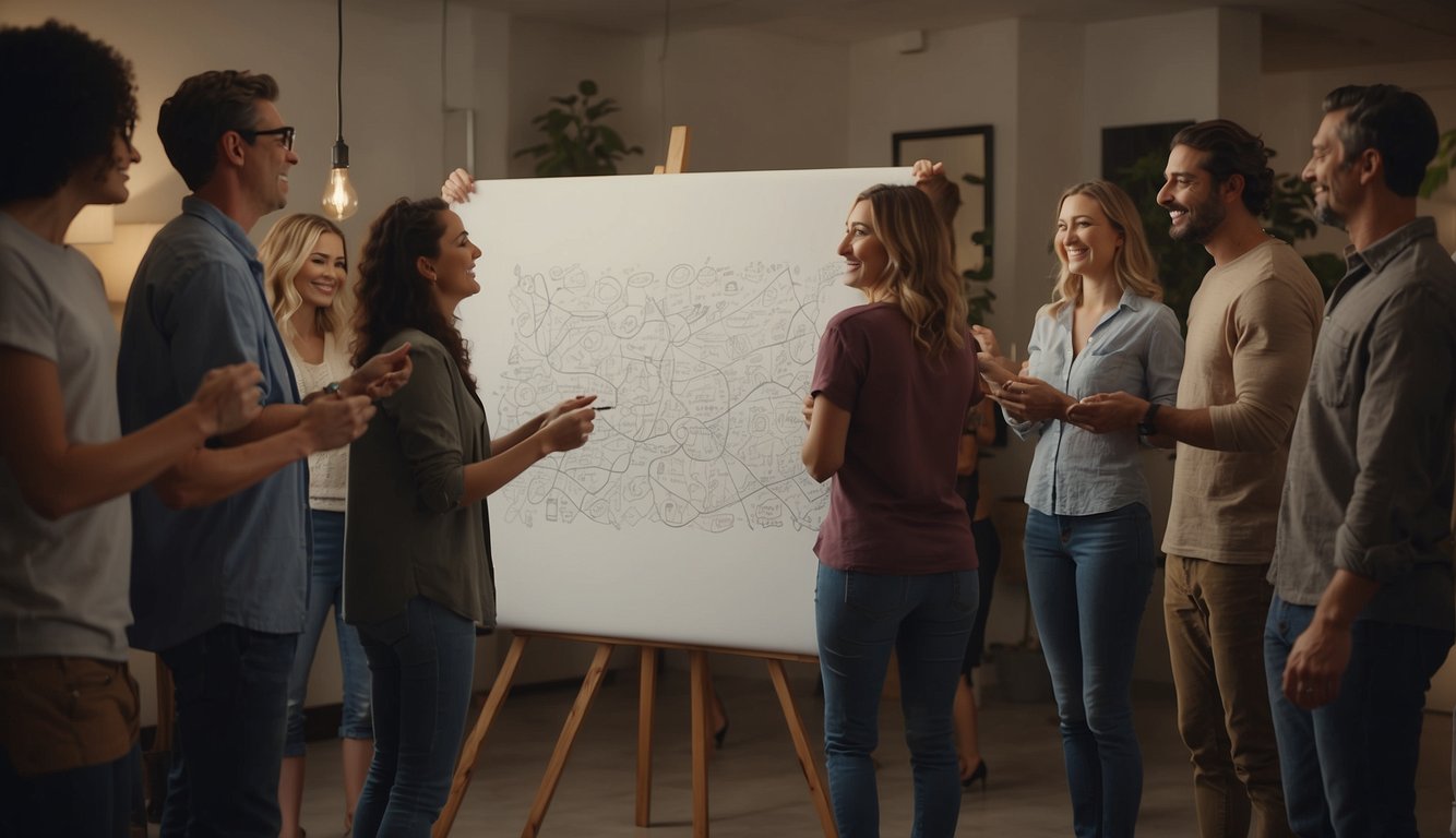 A group of people gather around a large piece of paper, each taking turns adding to a collaborative drawing. Laughter and conversation fill the room as they work together to create a unique piece of art