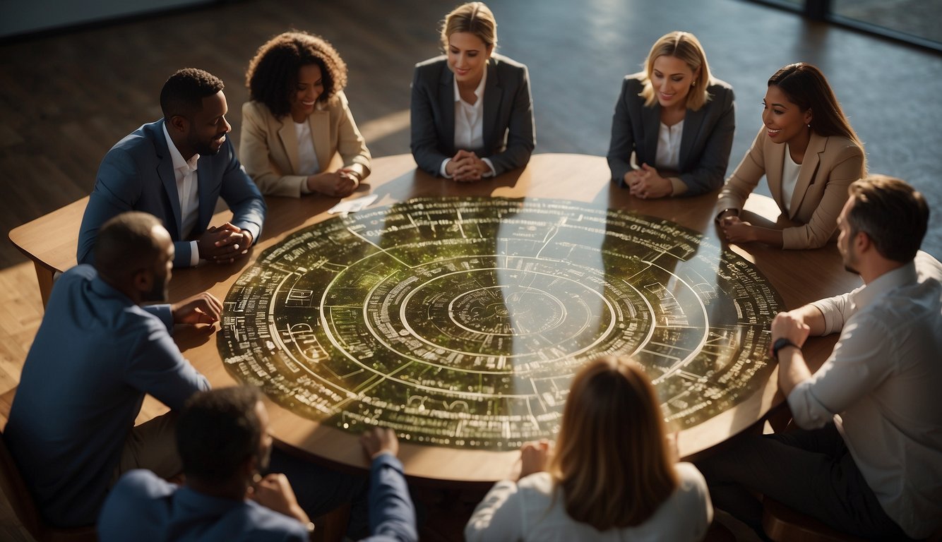 A group of diverse individuals engage in reflective activities, sharing ideas and building trust. A circle of participants surrounded by symbols of collaboration and growth